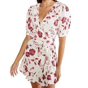 MISA Thora Short Sleeve Ruffle Wrap Dress Linen Blend Abstract Peony